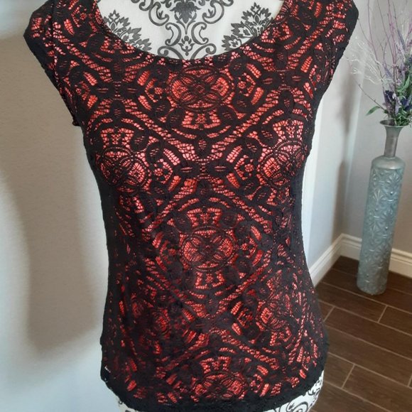 Express top Lace overlay Coral/black tight stretch top - Picture 3 of 11